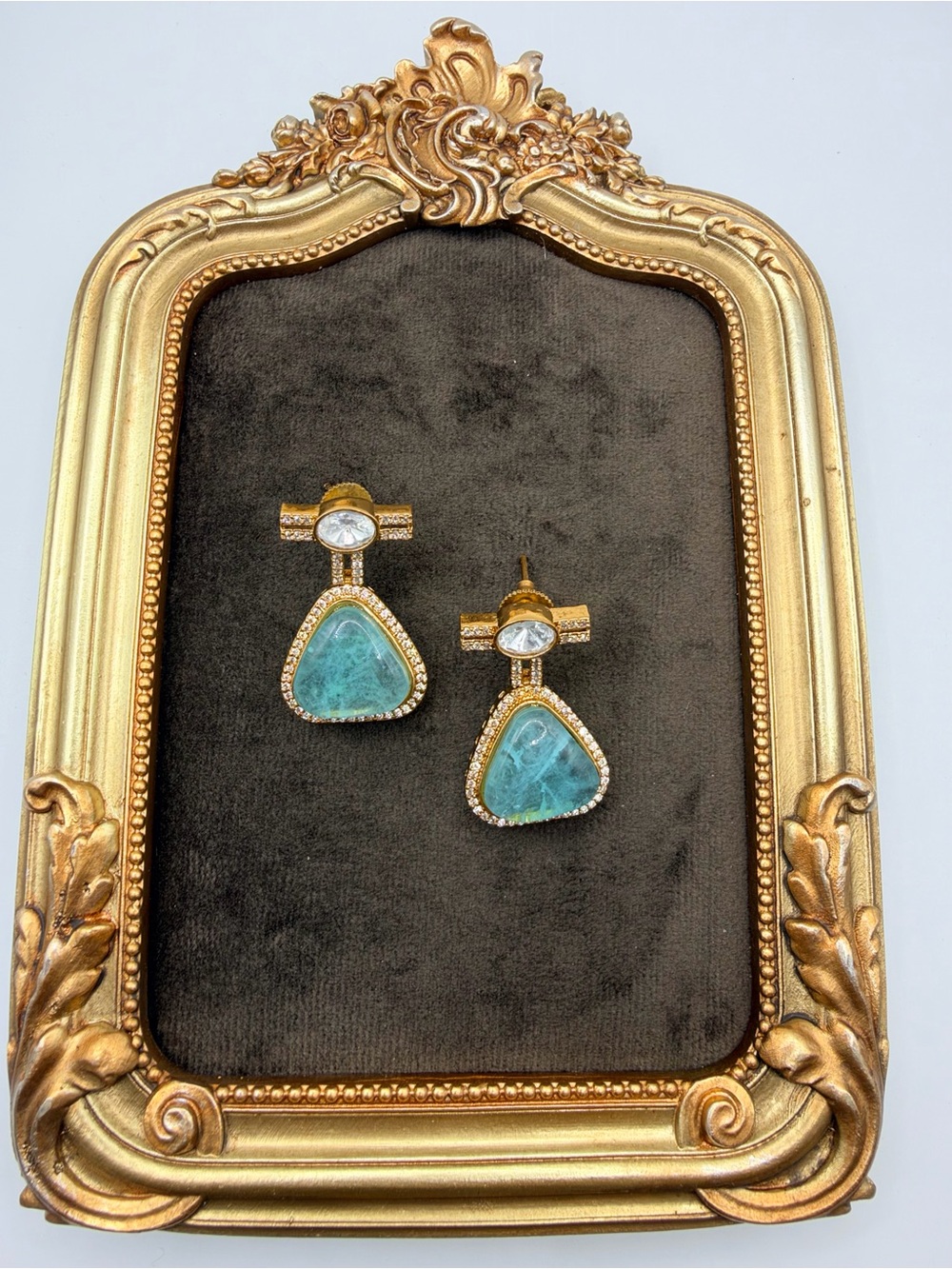 Faux Seafoam Green Aquamarine Drop Earrings in Gold-Tone